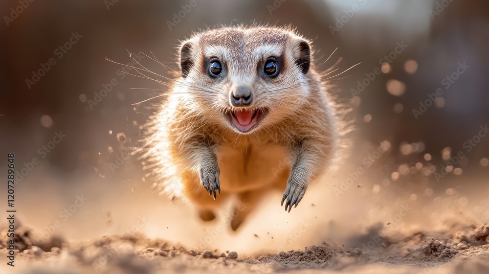 Fototapeta premium A stunning portrayal of a meerkat charging forward, showing determination and energy as it emerges from its arid environment, embodying the essence of wildlife and resilience.