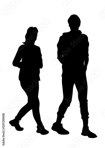 Young man and woman walking at street. Isolated silhouette on a white background