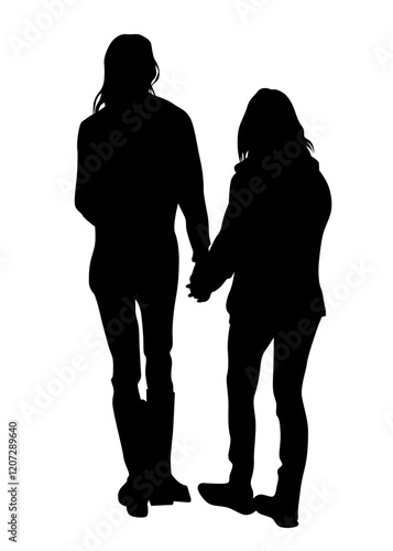 Young man and woman walking at street. Isolated silhouette on a white background