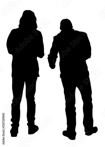 Young man and woman walking at street. Isolated silhouette on a white background