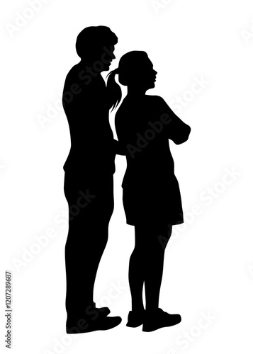 Young man and woman walking at street. Isolated silhouette on a white background