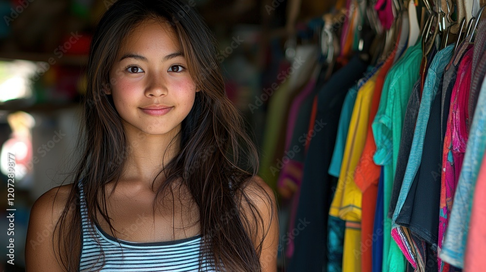 Portrait of a Young Woman in Front of Colorful Clothes Portrait of a Young Woman in Front of Colorful Clothes