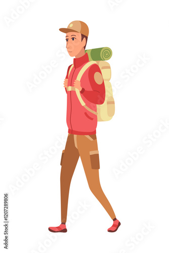 Hiker travel in summer clothing with big backpack. Young man walking. Happy male character, traveller or tourist going to vacation. Vector cartoon illustration