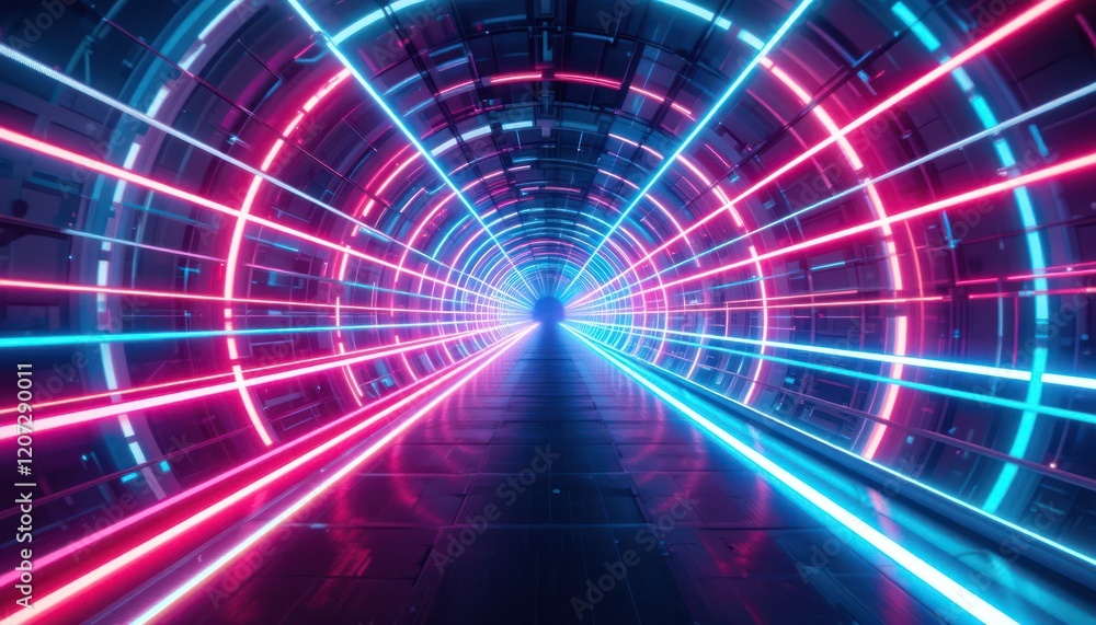 Obraz premium Neon tunnel, futuristic, glowing lines, bright, empty corridor, perspective