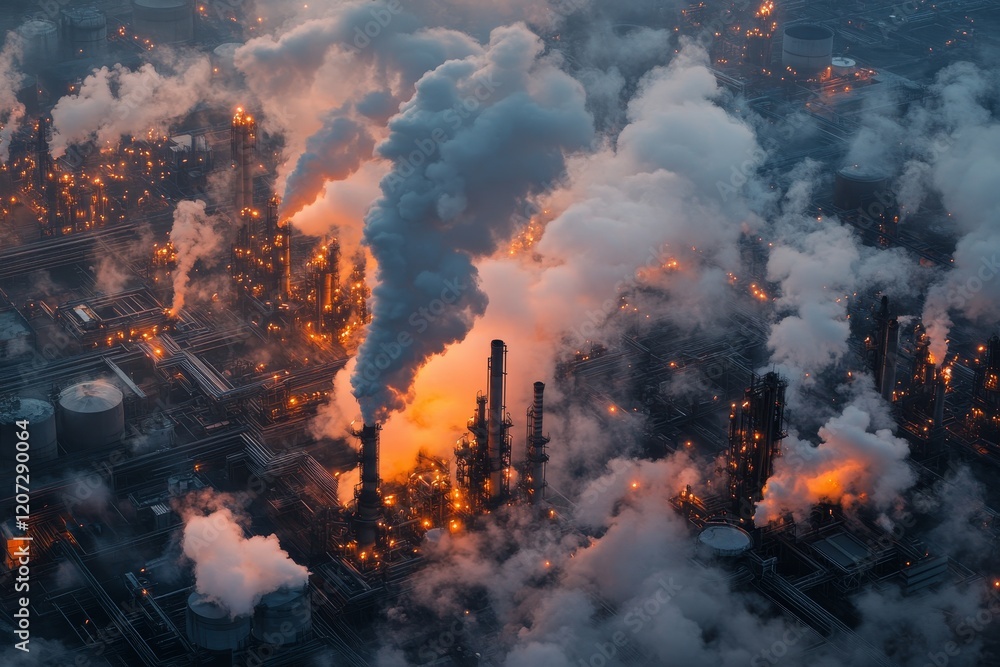 Obraz premium Industrial complex illuminated by flames and smoke during twilight hours in a bustling city