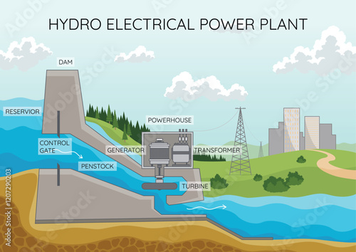 Hydroelectric power plant. Alternative energy concept, factory electric. Water power station with dam on the river. Vector illustration