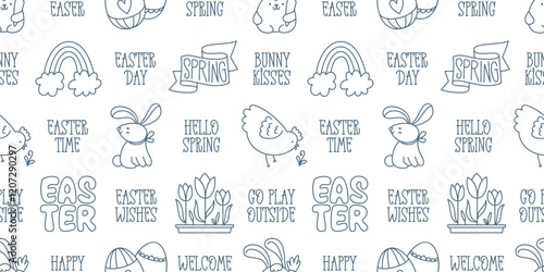 Easter hand-drawn doodle and lettering seamless pattern. Cute black and white spring symbols chickens, rabbits, eggs and flowers and short festive phrases