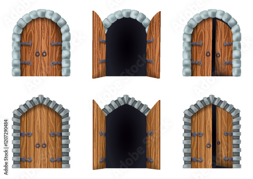 Medieval gate set. Castle medieval doors. Cartoon ancient fortress wooden gates or tower arch doors. Stone arch with metal hinges for entry. Vintage city entrance, vector cartoon illustration