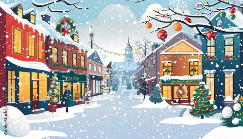 Wallpaper Mural A snowy, festive street scene with decorated buildings, Christmas trees, garlands, and falling snow. Torontodigital.ca