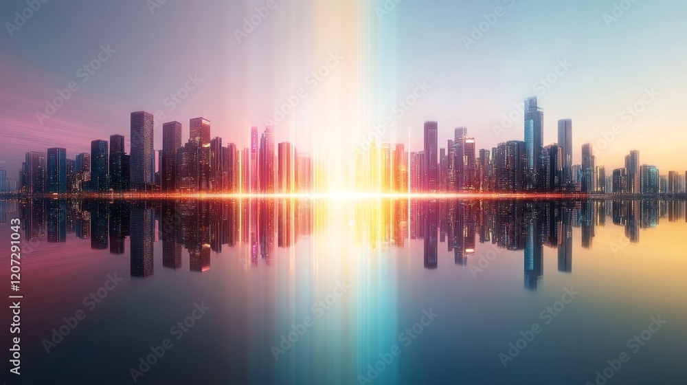 Fototapeta premium Modern City Skyline at Sunset with Colorful Reflections on Calm Water Surface in Urban Environment, Showcasing Architectural Beauty and Tranquil Atmosphere