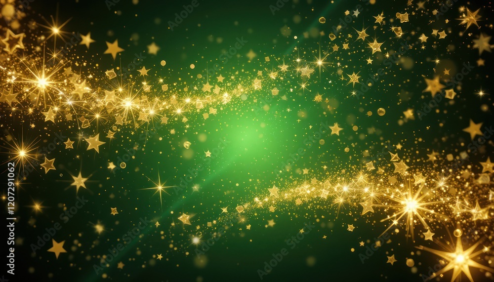 Naklejka premium Green Christmas Background with Golden Stars and Shadows and Green Snowflakes - Graphic Design for Xmas Greetings and etc