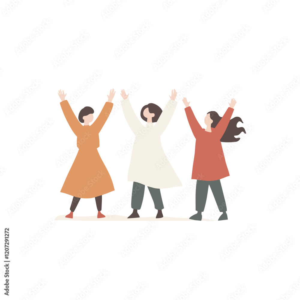 Obraz premium Three women standing together with raised arms in unity and stre