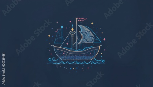 Fototapeta Naklejka Na Ścianę i Meble -  Celestial ship sailing dark sea, starry night,  fantasy illustration, website design