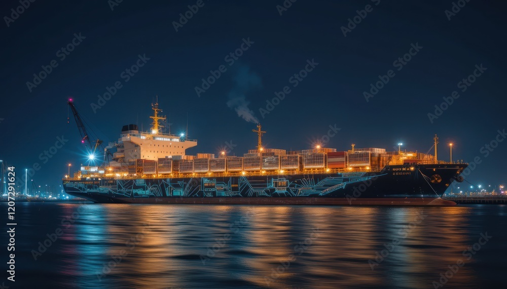 Fototapeta premium Night Cargo Ship Docked Harbor City Lights