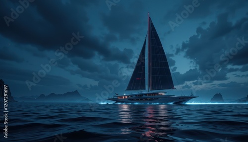 Modern sailboat at night on a stormy sea photo