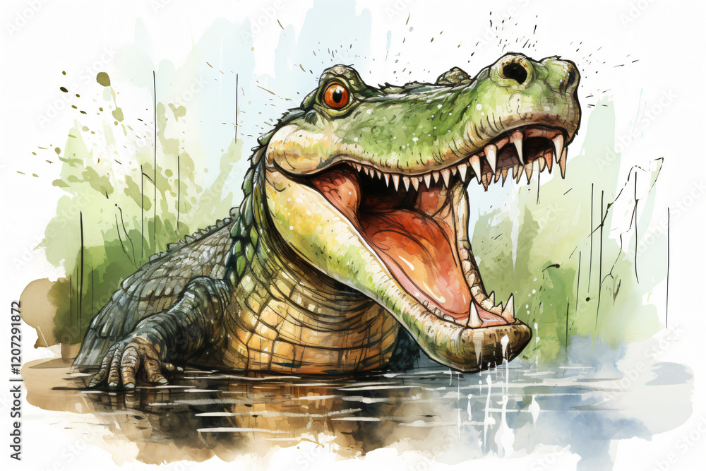 Obraz premium Crocodile Portraite of Happy surprised funny Animal head peeking watercolor for T shirt Printing