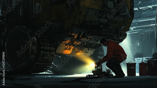 Technician inspecting an undercarriage with a flashlight, ensuring no hidden issues go unnoticed in the repair process. photo