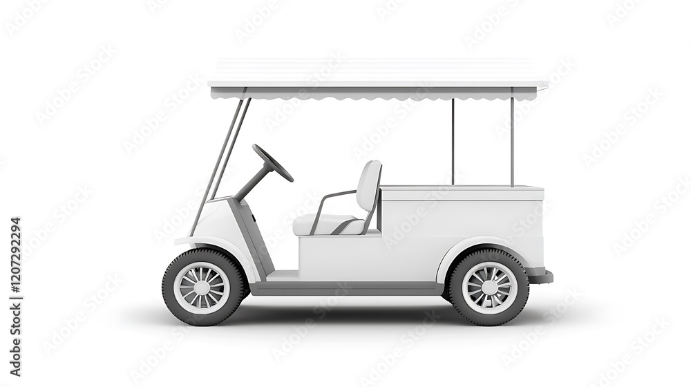 White golf cart with canopy isolated on white background, modern electric vehicle for golf courses, resorts and eco-friendly transportation. White golf cart with canopy isolated on white background, modern electric vehicle for golf courses, resorts and eco-friendly transportation.