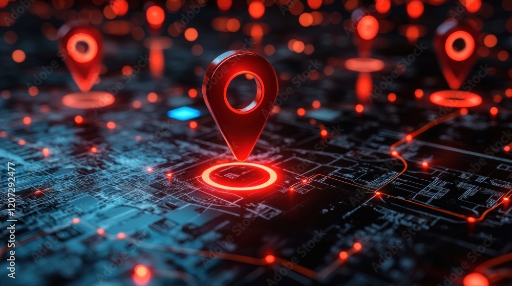Red Location Pins on Digital Map with Glowing Connections Red Location Pins on Digital Map with Glowing Connections