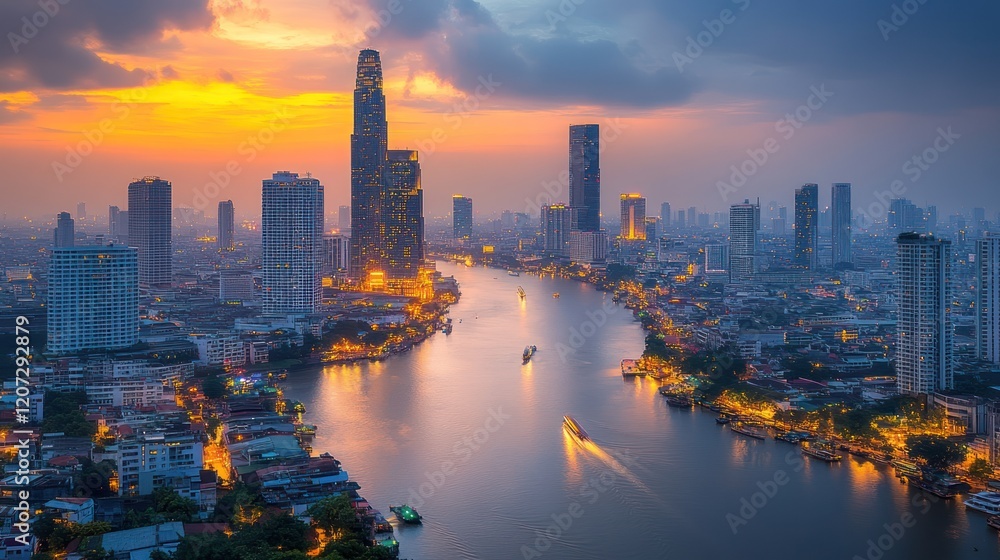 Naklejka premium Bangkok Chao Phraya River Sunset Cityscape