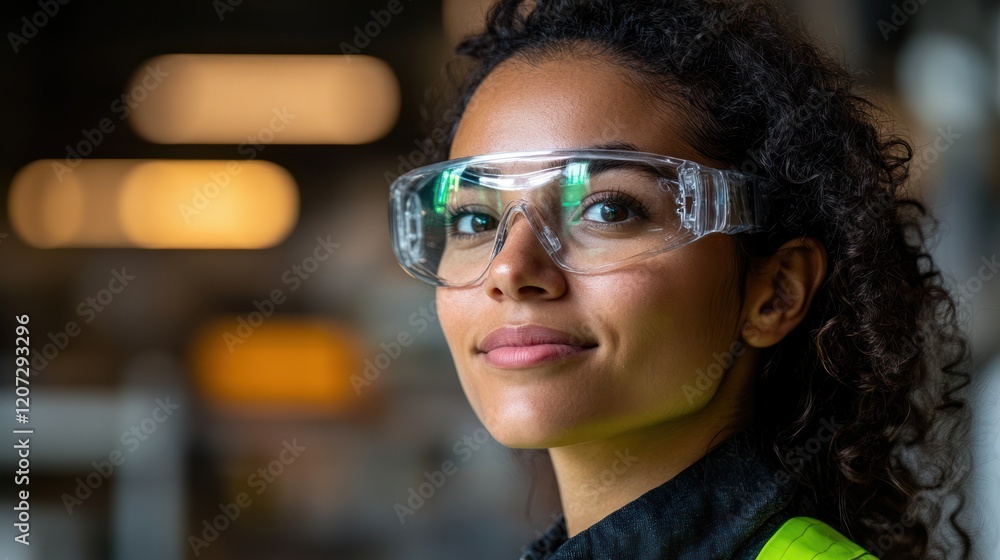 Woman in safety glasses, factory setting, focused look, professional image Woman in safety glasses, factory setting, focused look, professional image