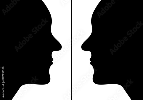 Frente a espejo. Cara a cara. Reflejo masculino. Suetas negras masculinas enfrentadas sobre fondo blanco