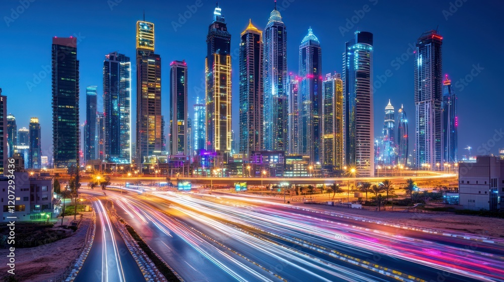 Dubai Skyline at Night with Busy Highway Dubai Skyline at Night with Busy Highway