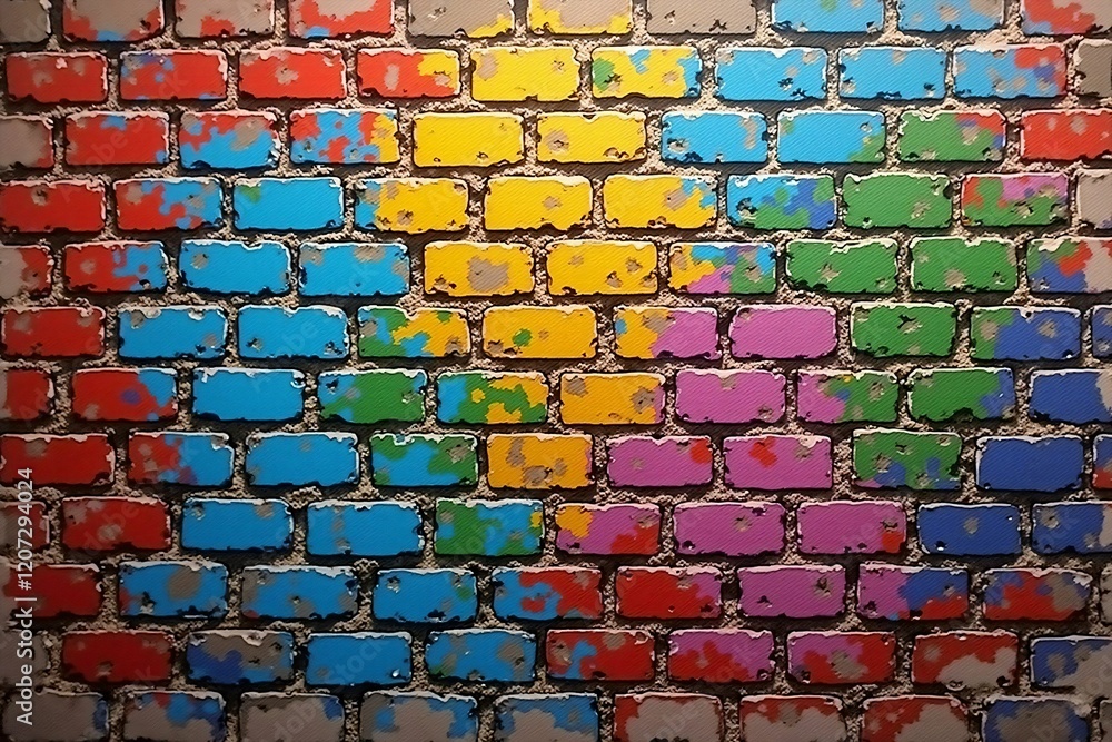 Fototapeta premium Vivid Multicolored Graffiti Patterns on Brick Wall Texture, Highlighting Bold Urban Artistic Expression