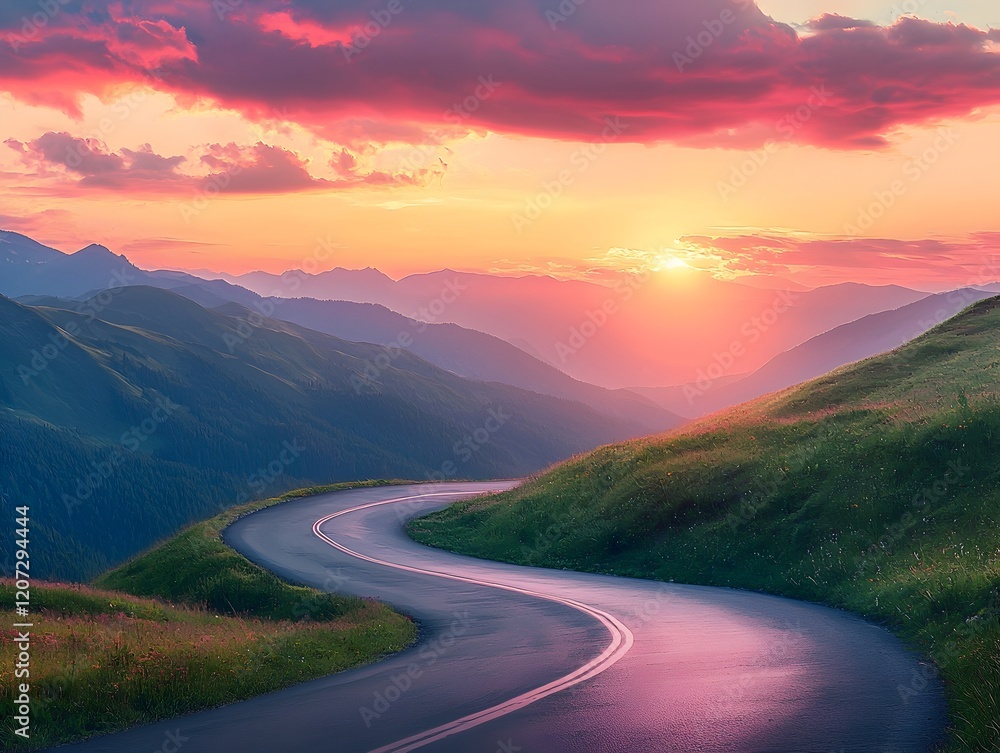Fototapeta premium Photo of a Serene Mountain Road at Sunset