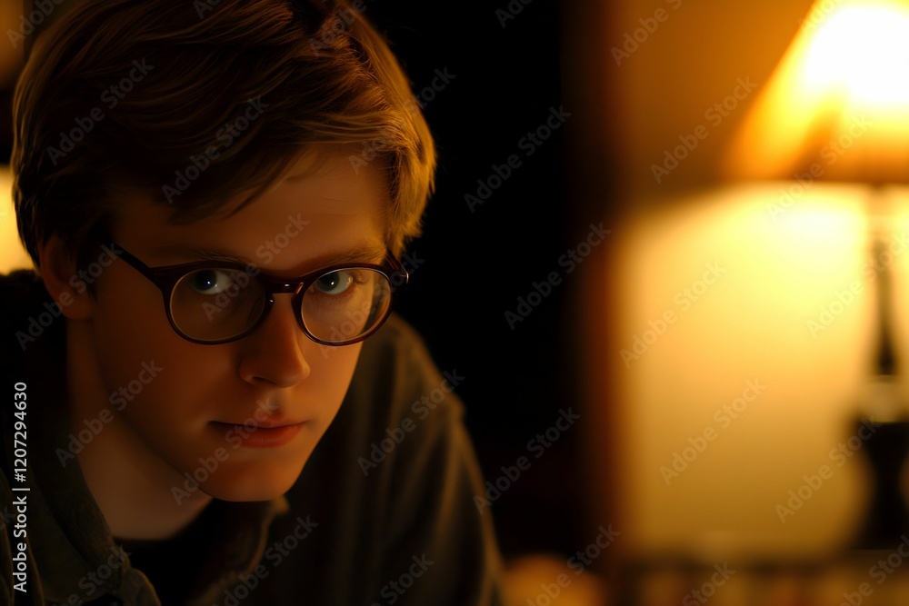 Young man with glasses sitting by a lamp Young man with glasses sitting by a lamp