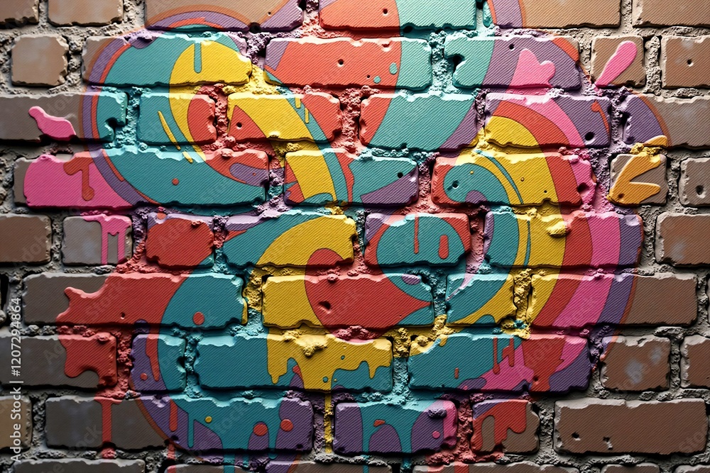 Fototapeta premium Vivid Multicolored Graffiti Patterns on Brick Wall Texture, Highlighting Bold Urban Artistic Expression