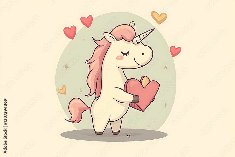 Obraz premium Cute cartoon unicorn holding a heart surrounded by colorful hearts, conveying love and joy
