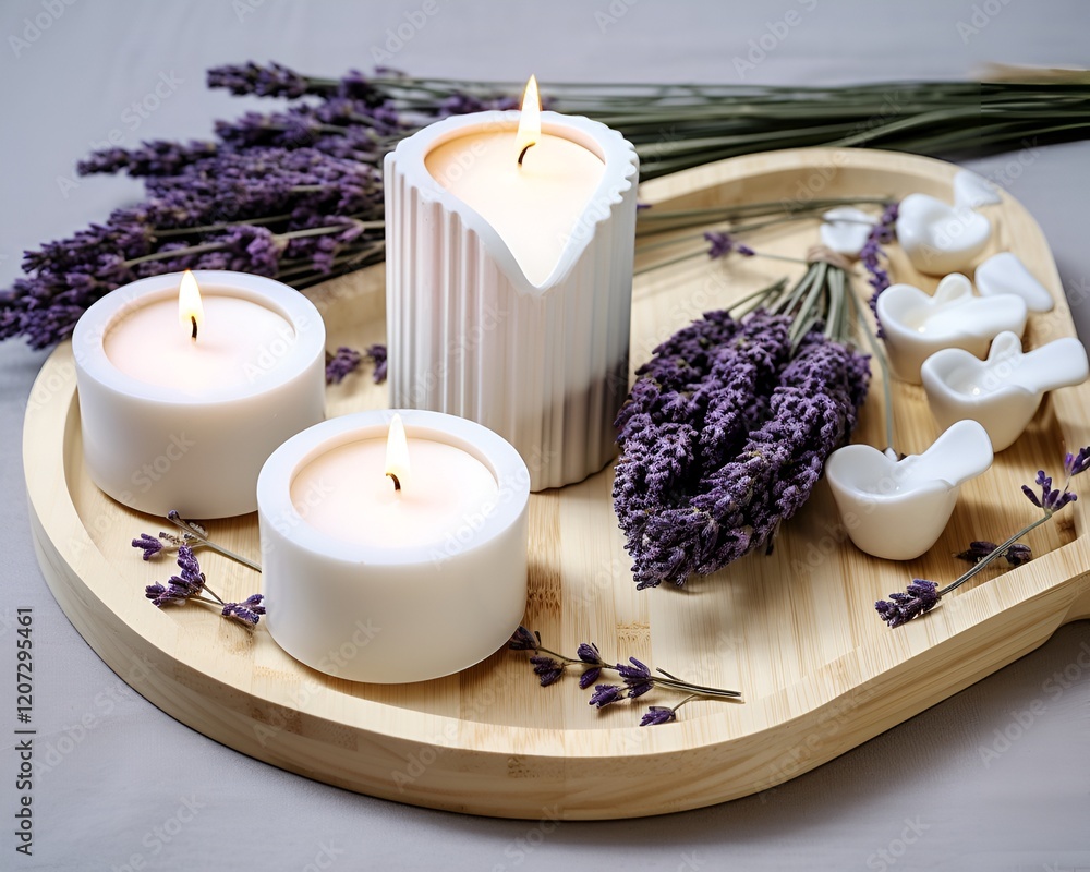 Heart-shaped white candles placed on a wooden tray surrounded by lavender sprigs Heart-shaped white candles placed on a wooden tray surrounded by lavender sprigs