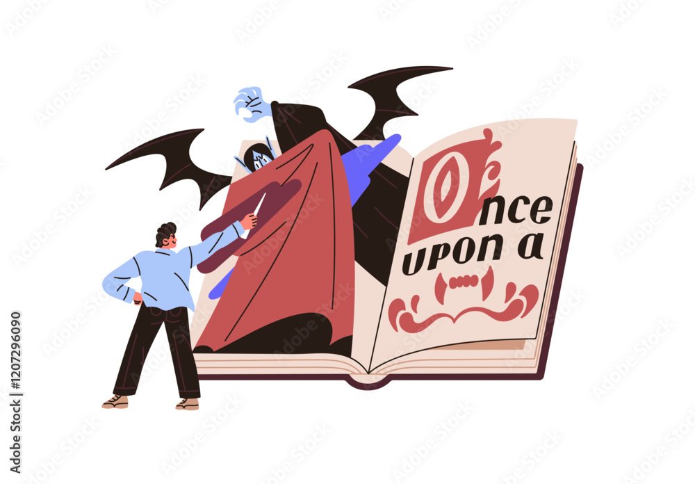 Obraz premium Person reads big paper book about monsters. Reader is in adventure in mystery fairytale about vampires. Concept of fiction stories, fairy tales. Flat isolated vector illustration on white background