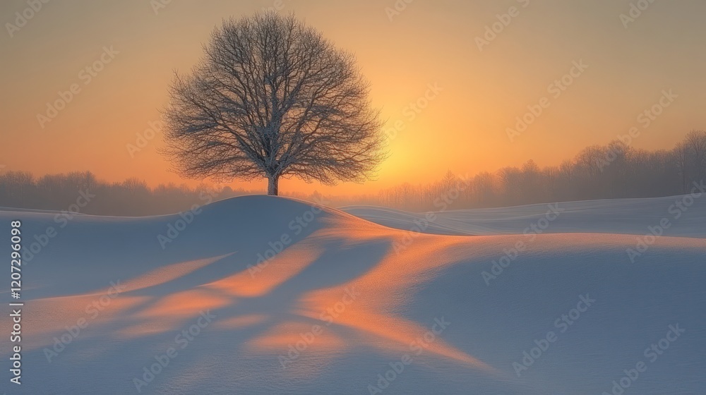 Sunset, snow-covered landscape, lone winter tree. Sunset, snow-covered landscape, lone winter tree.
