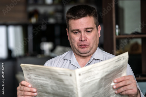 Successful businessman reading a financial newspaper while sitting at home in the morning, indoors. surprised person reads fake news. emotion of surprise and shock, concept photo