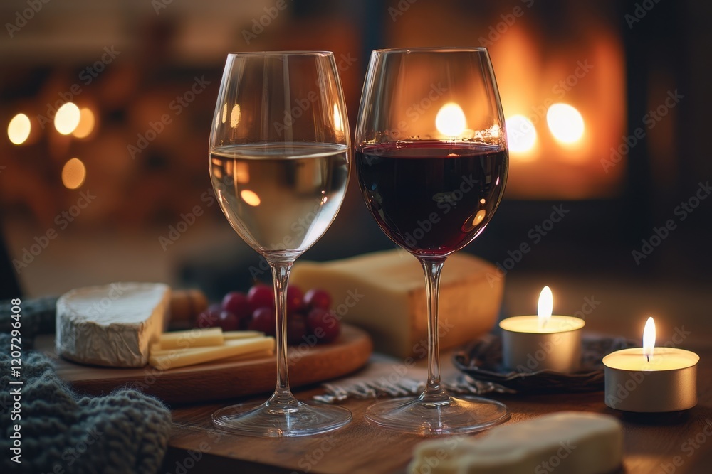 Romantic evening with elegant wine glasses and cheese platter cozy fireplace setting indoor atmosphere celebrating alcohol enjoyment Romantic evening with elegant wine glasses and cheese platter cozy fireplace setting indoor atmosphere celebrating alcohol enjoyment