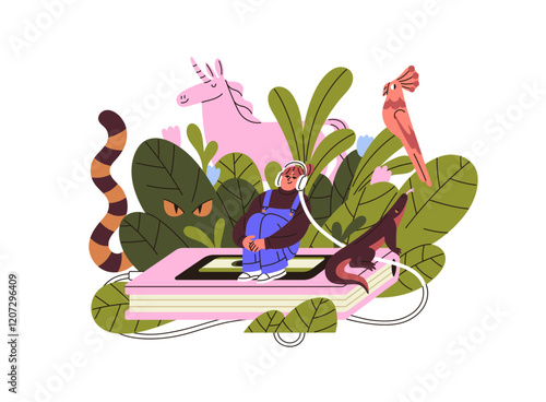 Happy girl with headphones listens to audiobook about nature, wildlife. Young woman with headset reads audio book about wild animals. Literature concept. Flat isolated vector illustration on white