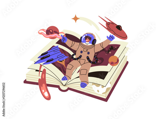 Open paper book about interstellar adventures of astronauts. Literature about astronautic travels, journey. Fantasy story of cosmonaut in space, cosmos. Flat isolated vector illustration on white