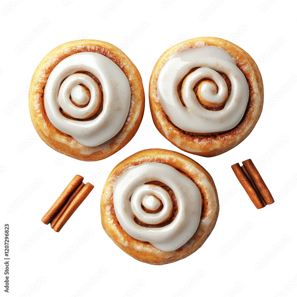 Fototapeta premium Three Delicious Cinnamon Rolls with Icing on Transparent Background