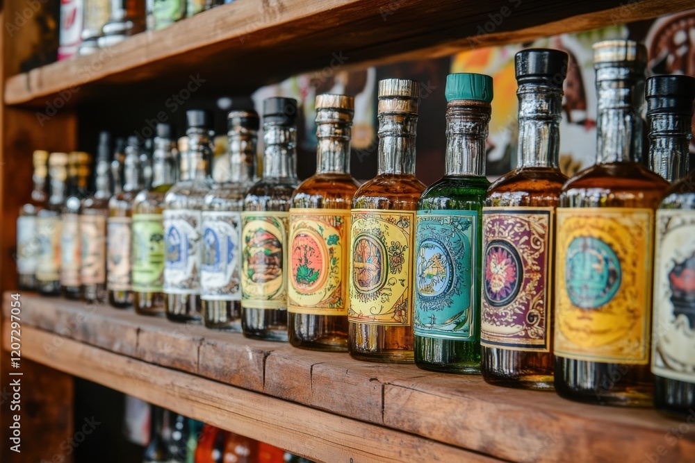 Vibrant display of tequila bottles with colorful labels local distillery product showcase rustic environment close-up view celebrating alcohol variety Vibrant display of tequila bottles with colorful labels local distillery product showcase rustic environment close-up view celebrating alcohol variety