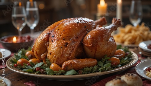 Roasted turkey centerpiece, Thanksgiving feast, candlelit table photo