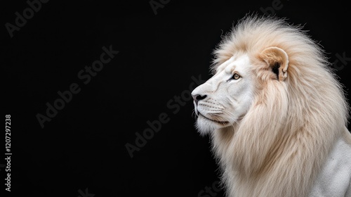 Majestic white lion profile, dark background, studio shot, wildlife photography