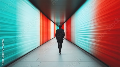 A silhouette of a person walks through an abstract tunnel, which conveys a sense of journey and exploration, amplified by vivid color contrasts and dynamic lines.