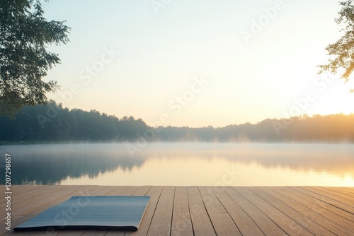 Fototapeta Naklejka Na Ścianę i Meble -  commercial photography for advertising campaign yoga mat rolled out on wooden deck overlooking peaceful lake at sunrise