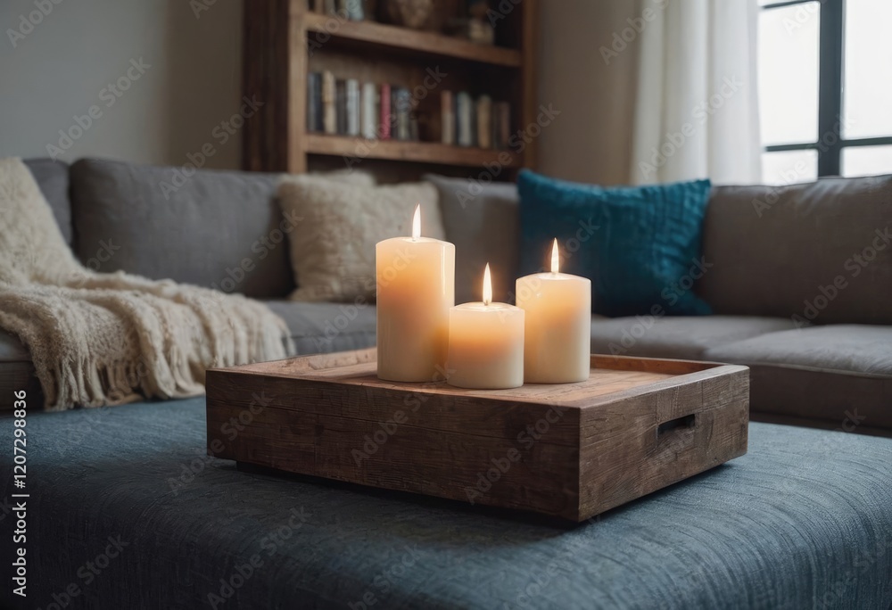 A small, beautifully crafted candle rests on a wooden tray in a cozy living room A small, beautifully crafted candle rests on a wooden tray in a cozy living room