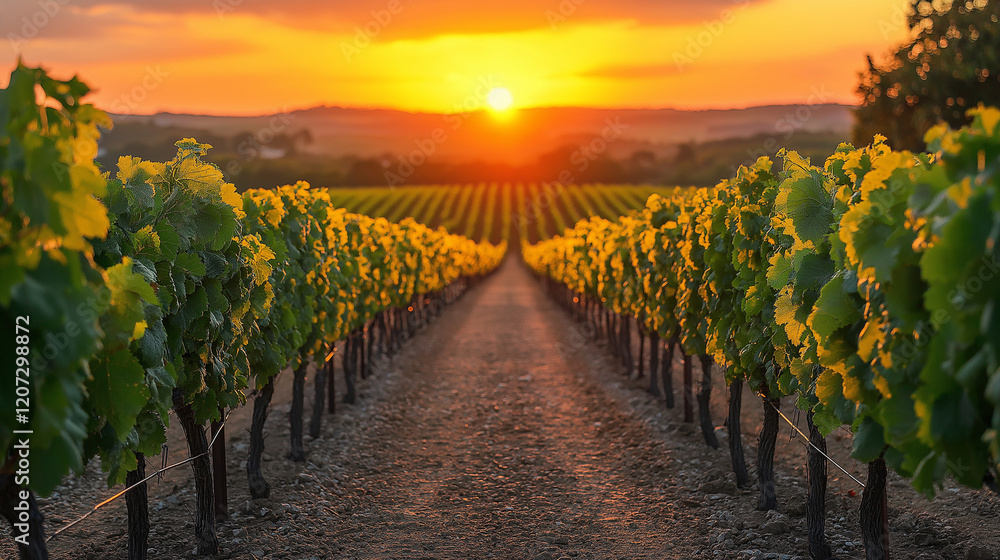 Naklejka premium Sunset in countryside with vineyard in autumn