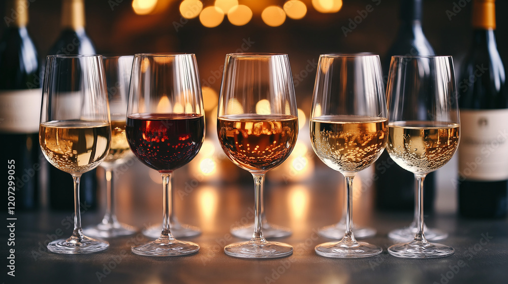 glasses with different wines on blurred background, closeup glasses with different wines on blurred background, closeup