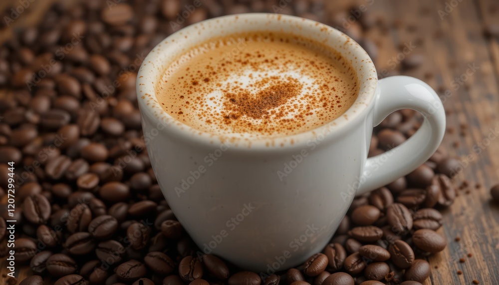 Espresso with heart design, surrounded by coffee beans on wooden table Espresso with heart design, surrounded by coffee beans on wooden table