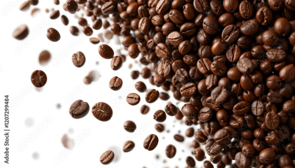 Obraz premium Roasted coffee beans falling, white background, studio shot, food advertising